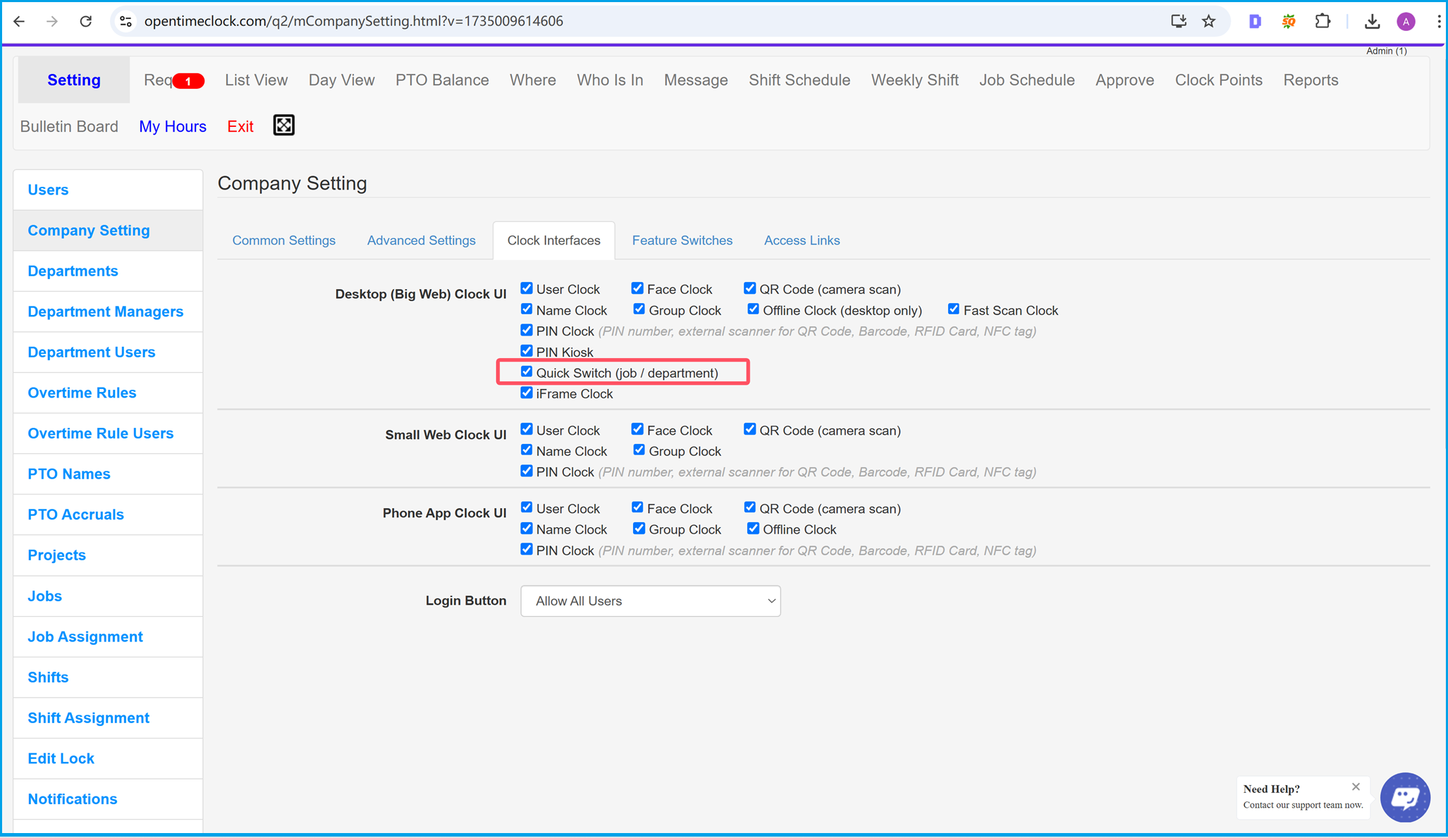 Enable the Quick Switch Option for Easily to Switch Worked Jobs and Departments