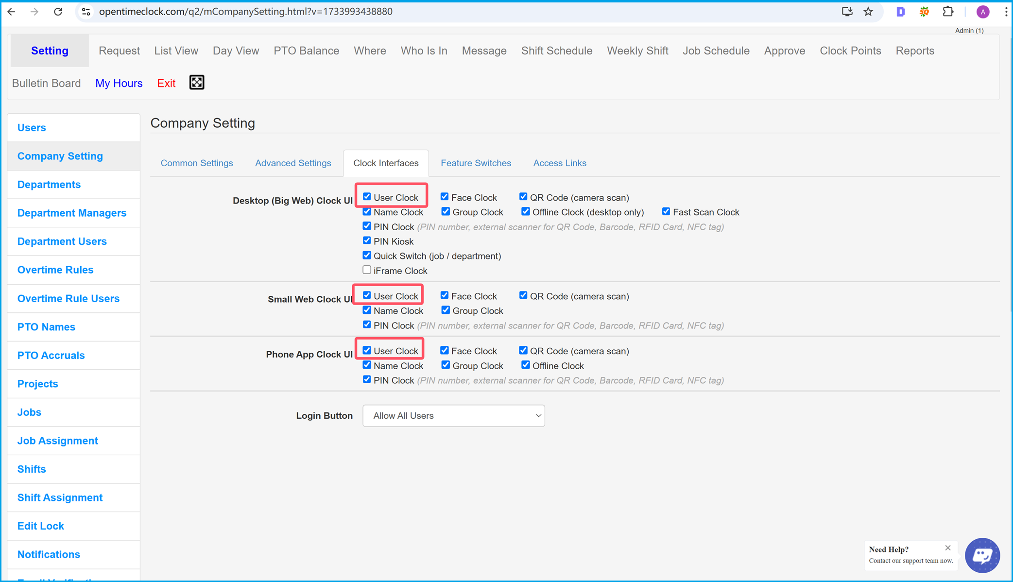 Enable user clock settings in company configuration for time tracking in OpenTimeClock