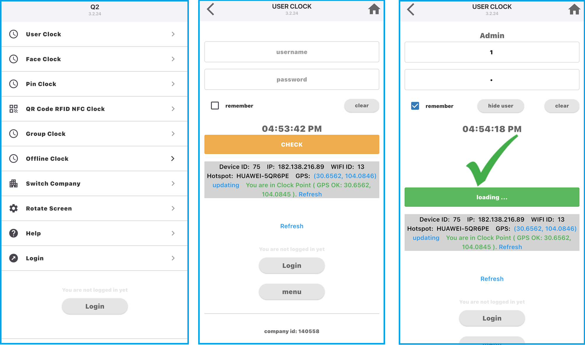 In the OpenTimeClock mobile app for Android and iOS, employees can enter their username and password to clock in and clock out for time tracking and attendance