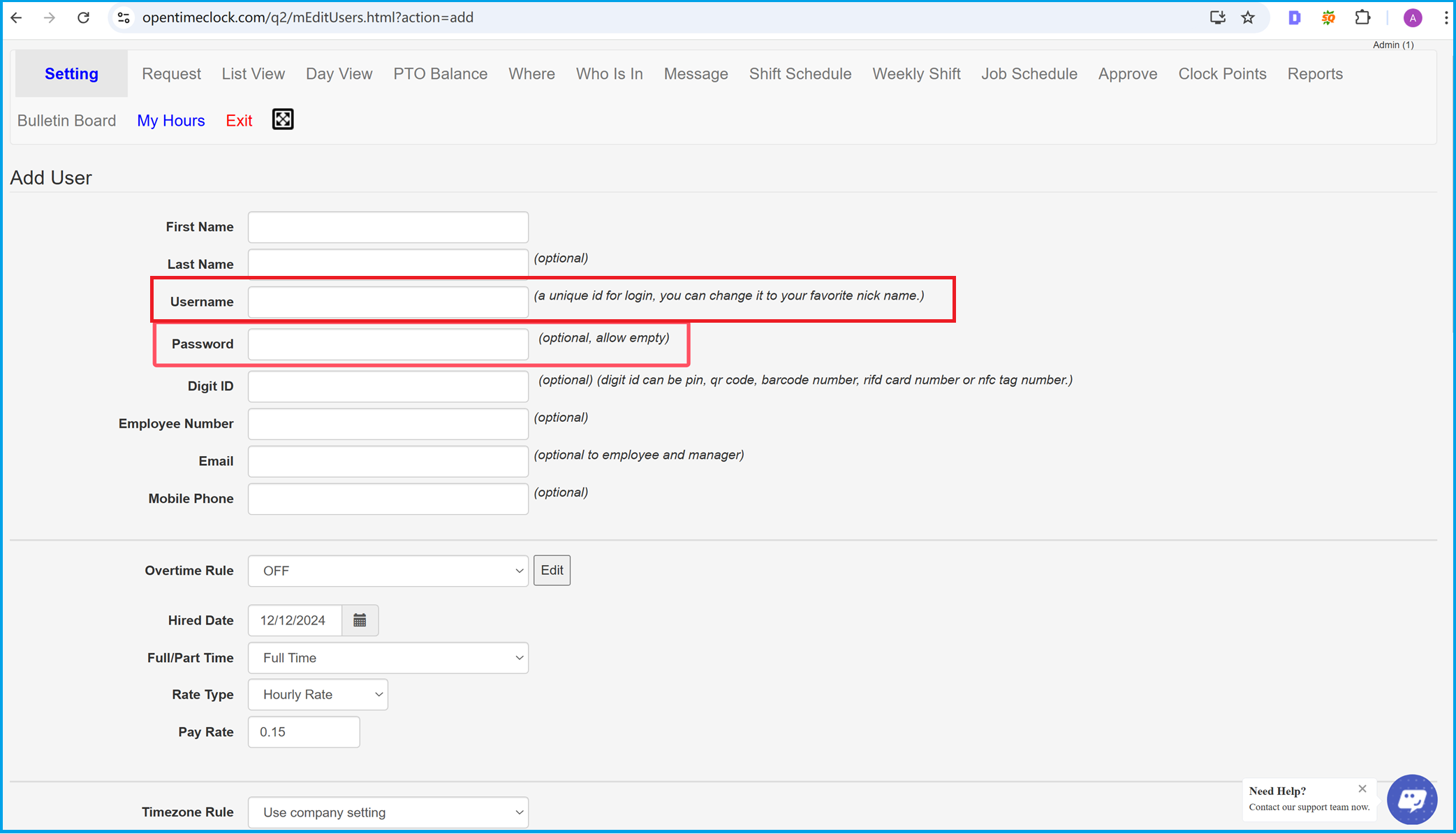 Assign username and password in employee profile for time tracking and attendance management in OpenTimeClock