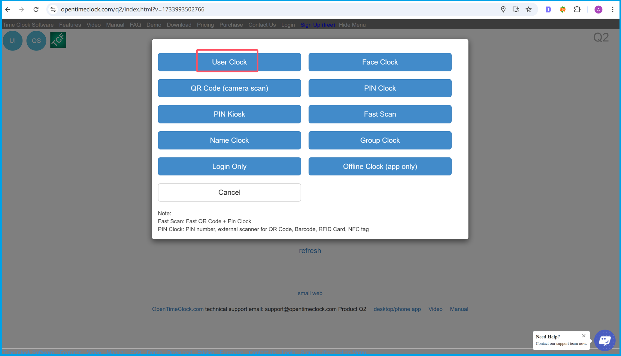 User clock entry interface in the OpenTimeClock web app for employee time tracking and attendance