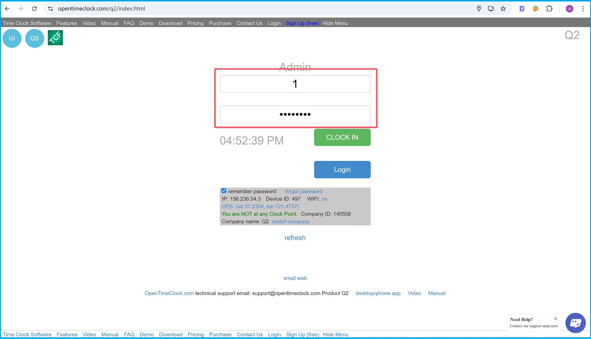 In the OpenTimeClock web app, users can enter their username and password to clock in and clock out for time tracking and attendance