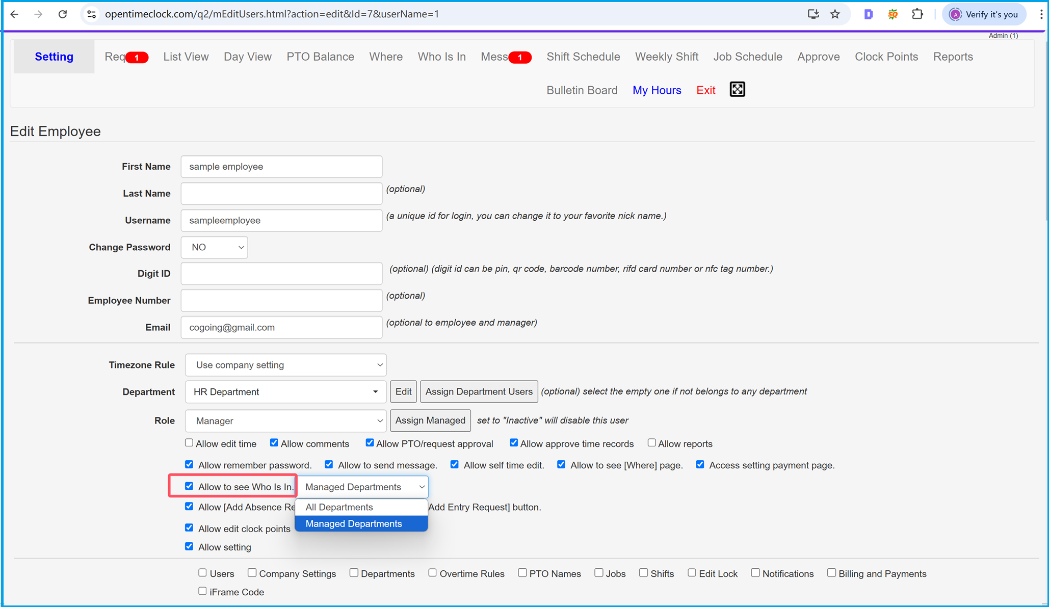 Set permission if a manager or employee can see the who is in page of time clock software