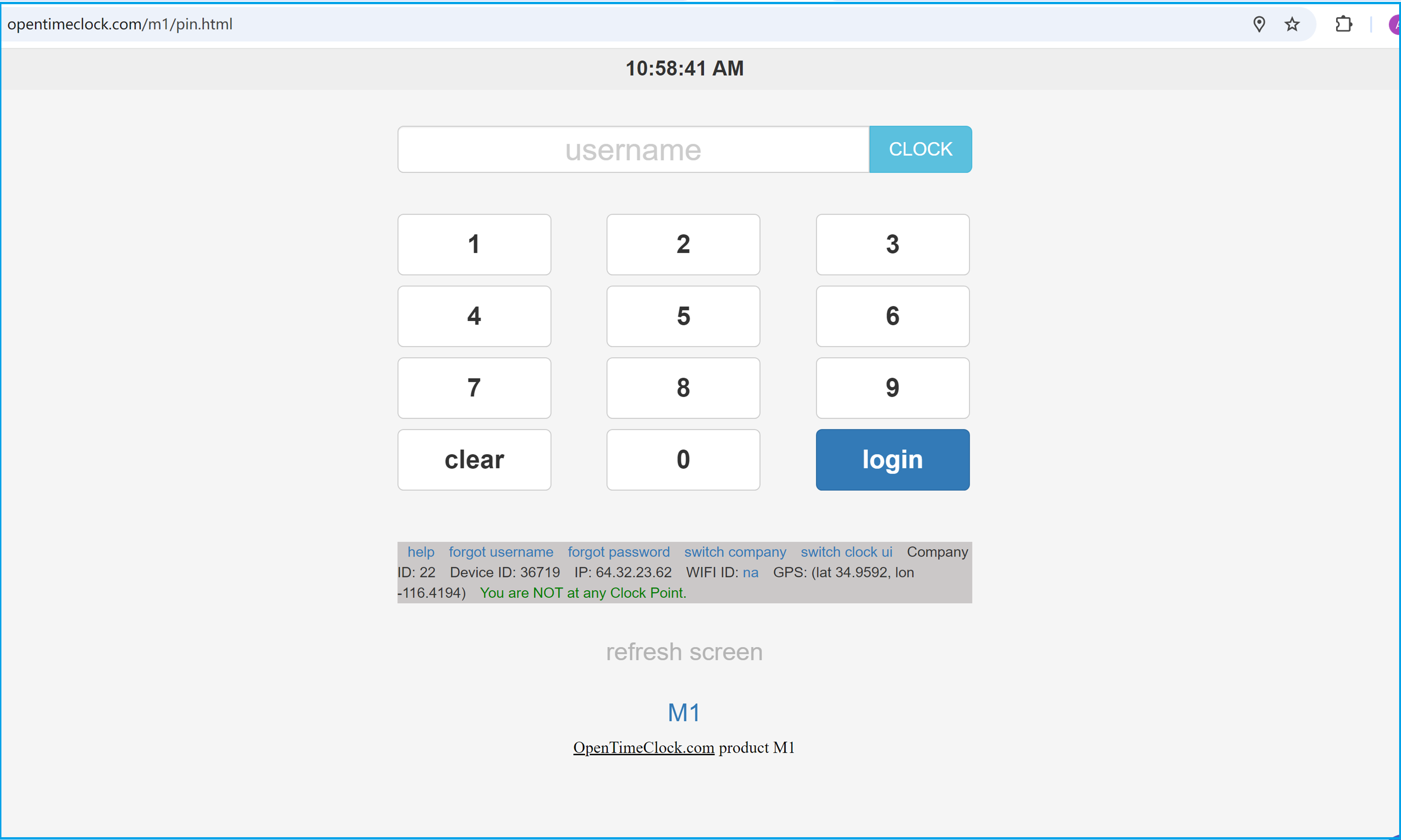 OpenTimeClock M1 Digital Keypad Login Interface for Employee Clock-In