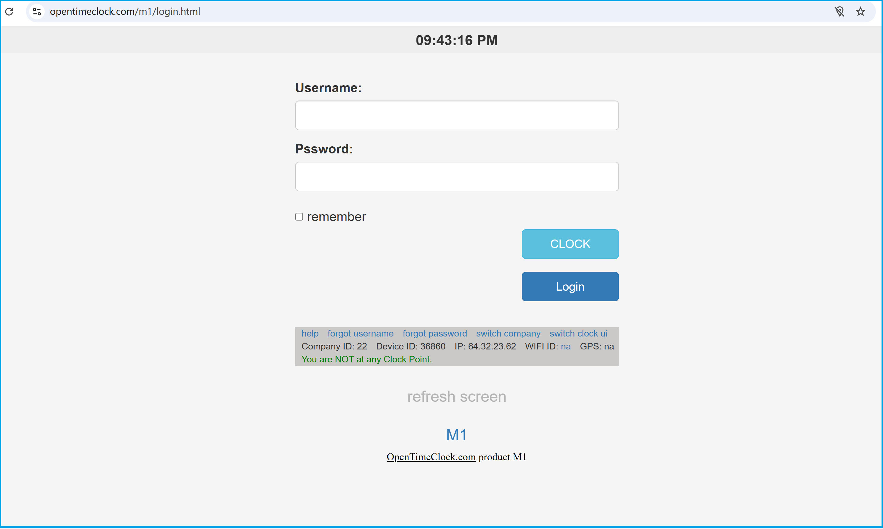 OpenTimeClock M1 Username and Password Login Interface for Secure Clock-In and Attendance Tracking