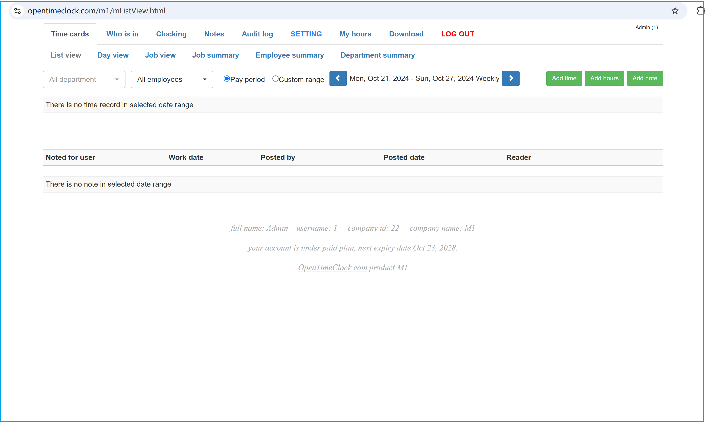 OpenTimeClock M1 Timesheet Management Interface for Employee Attendance and Work Hours Tracking