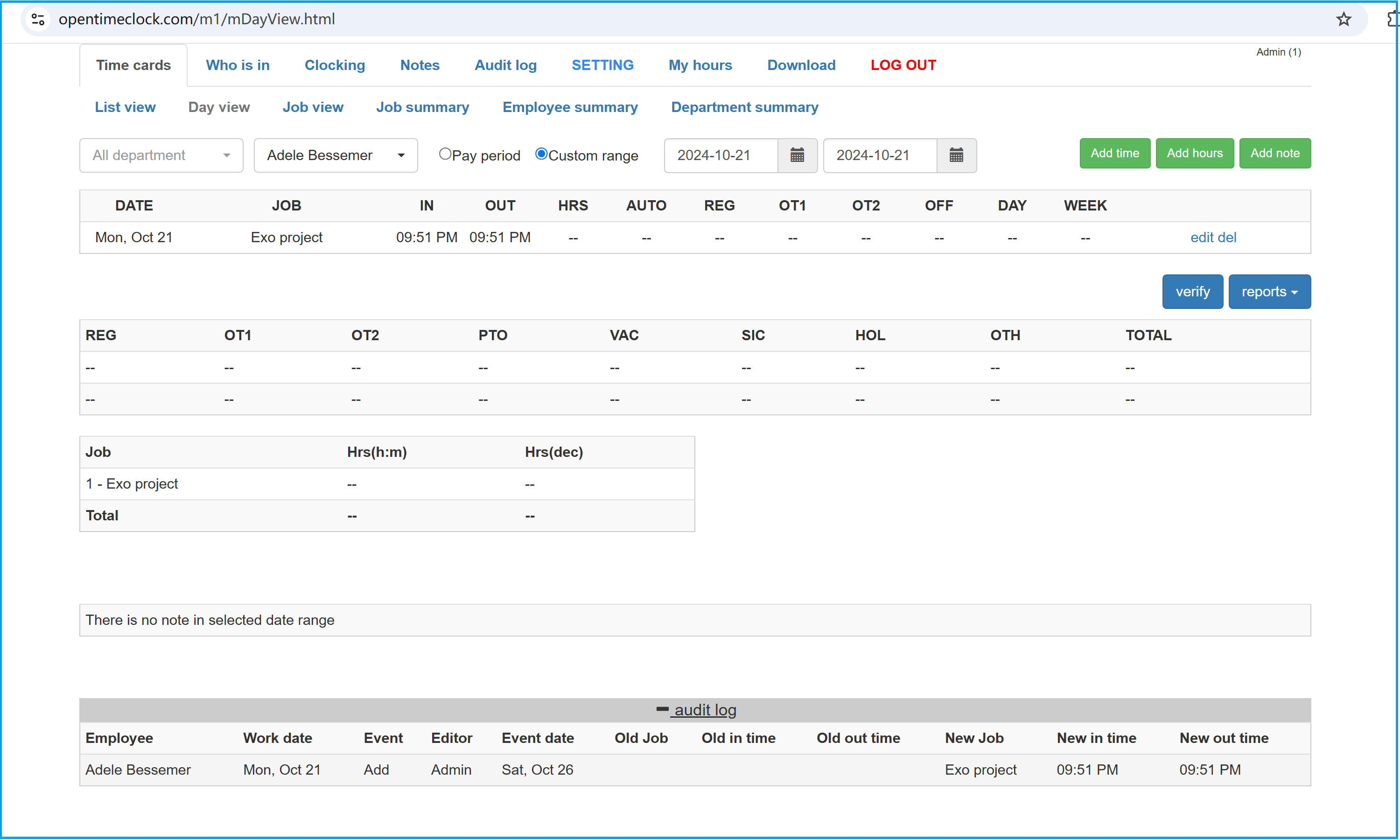 OpenTimeClock M1 Payroll and Work Hours Reporting Interface for Employee Management