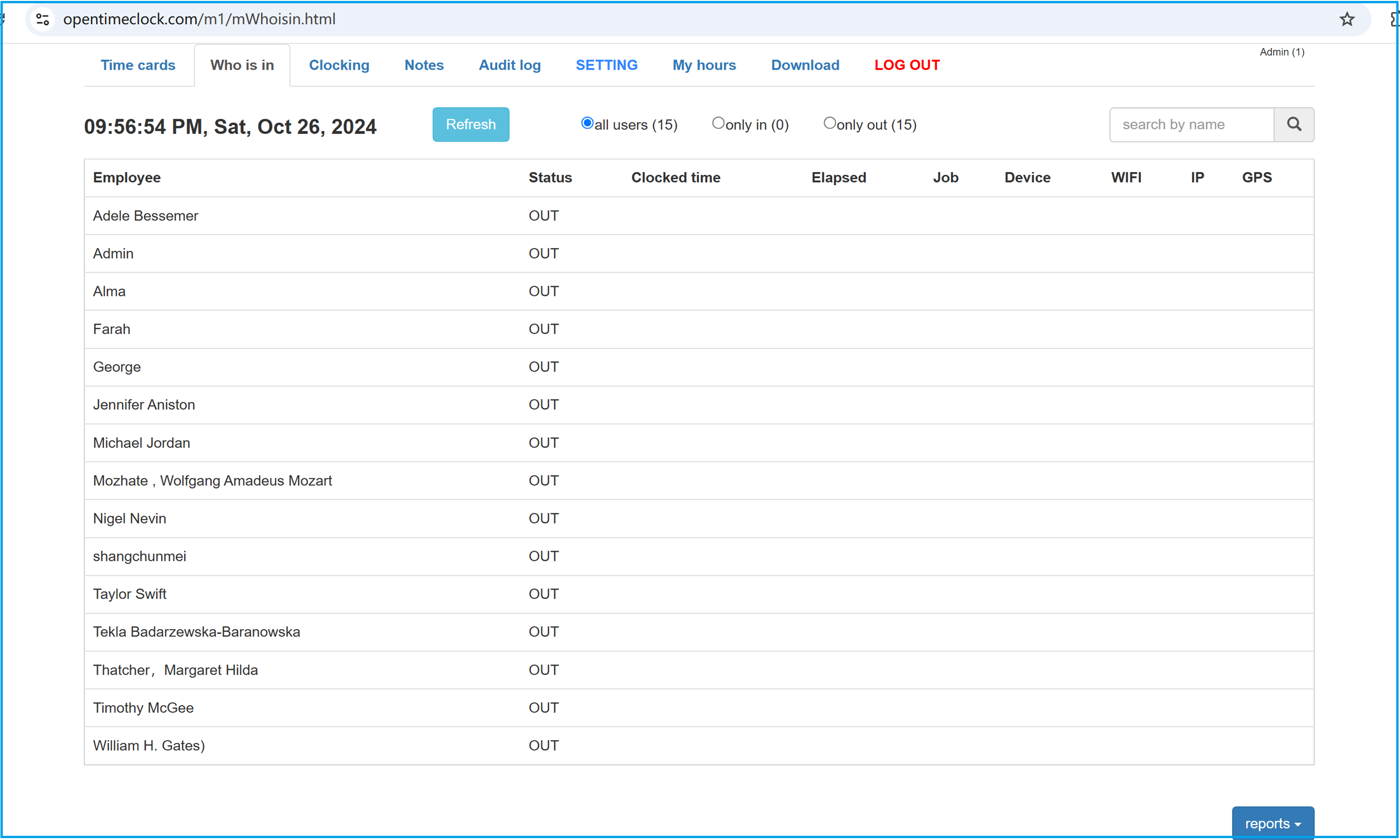 OpenTimeClock M1 Employee Attendance Status Interface with Clock-In and Clock-Out Details