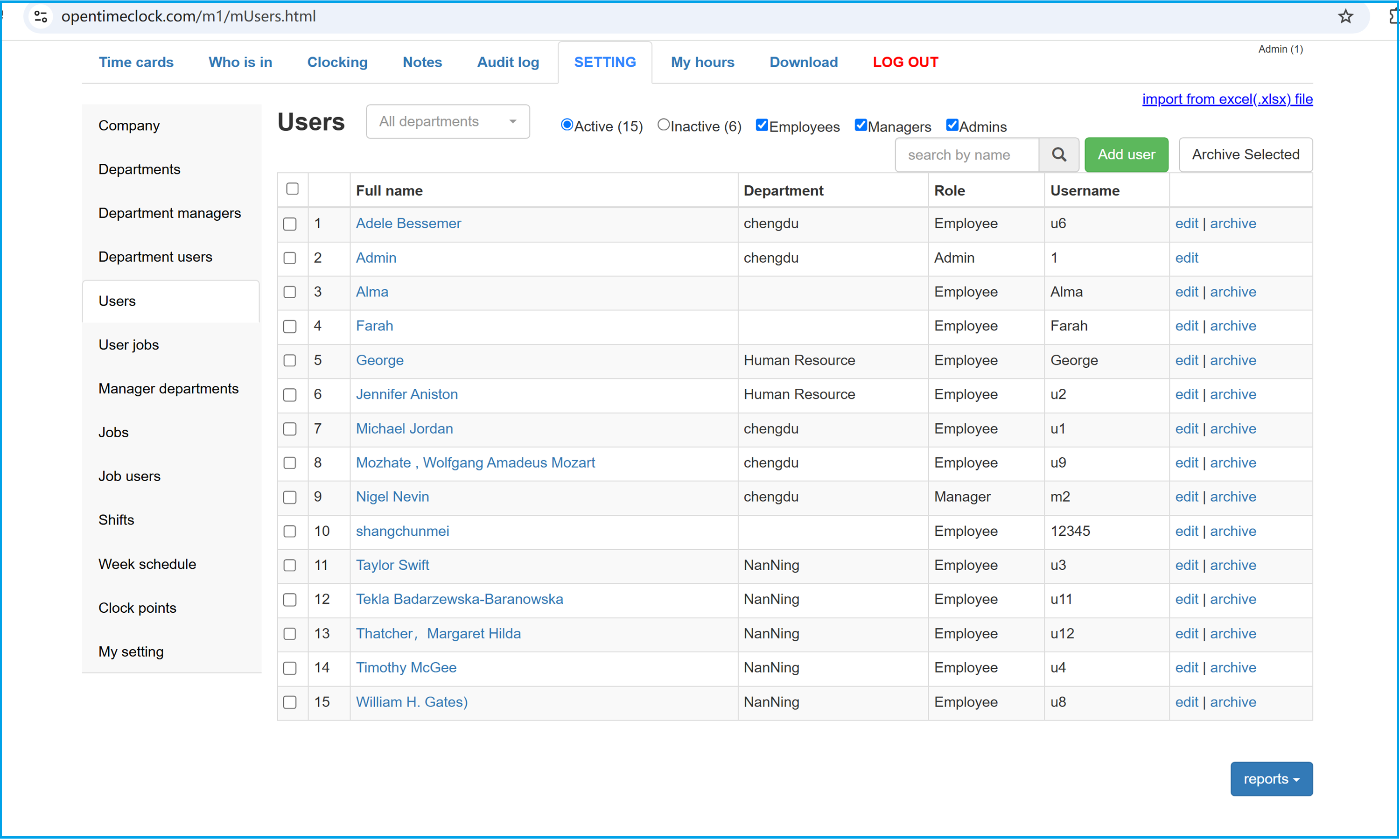 OpenTimeClock M1 User Management Interface for Employee Roles and Department Settings